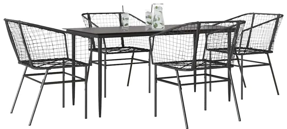 Conjunto de jantar jardim 5 peças vidro vime PE preto