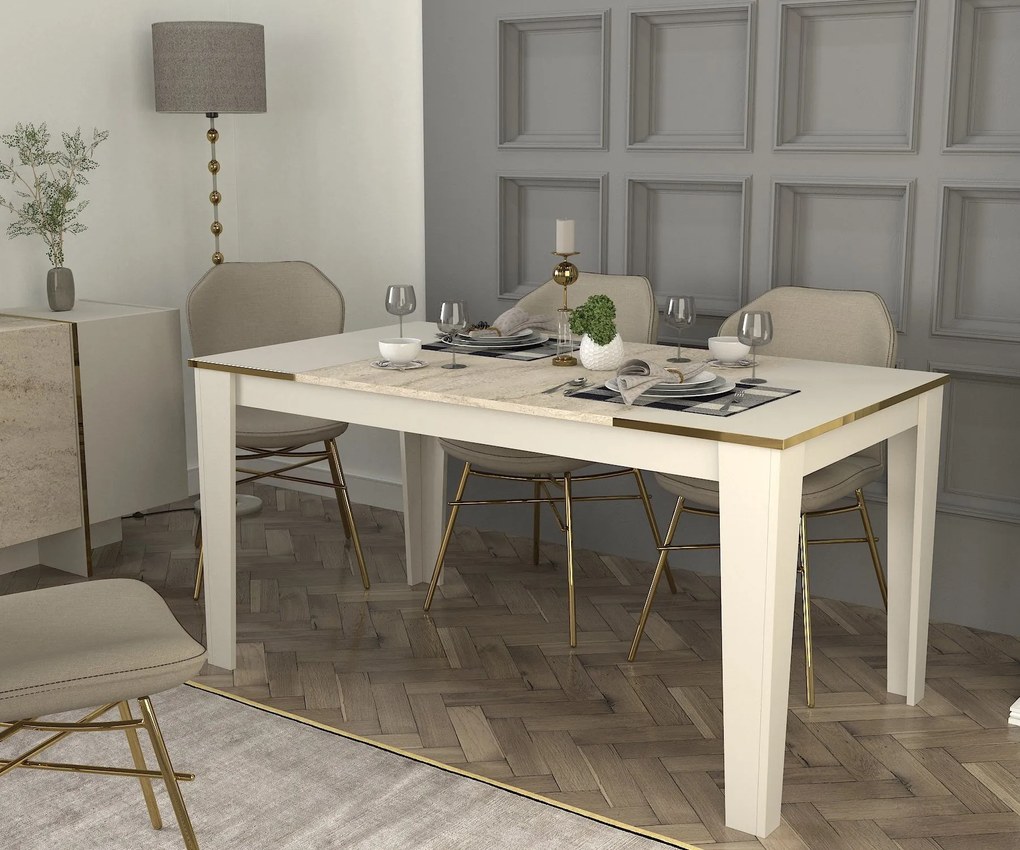 Mesa de Jantar "Veyron" – 145x85x76.2 cm – Branco, Travertino, Arenito