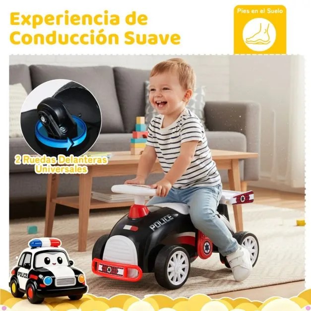 Andarilho infantil Policia com música, arrumação debaixo do assento e rodas universais para crianças dos 19 aos 36 meses Preto+Azul