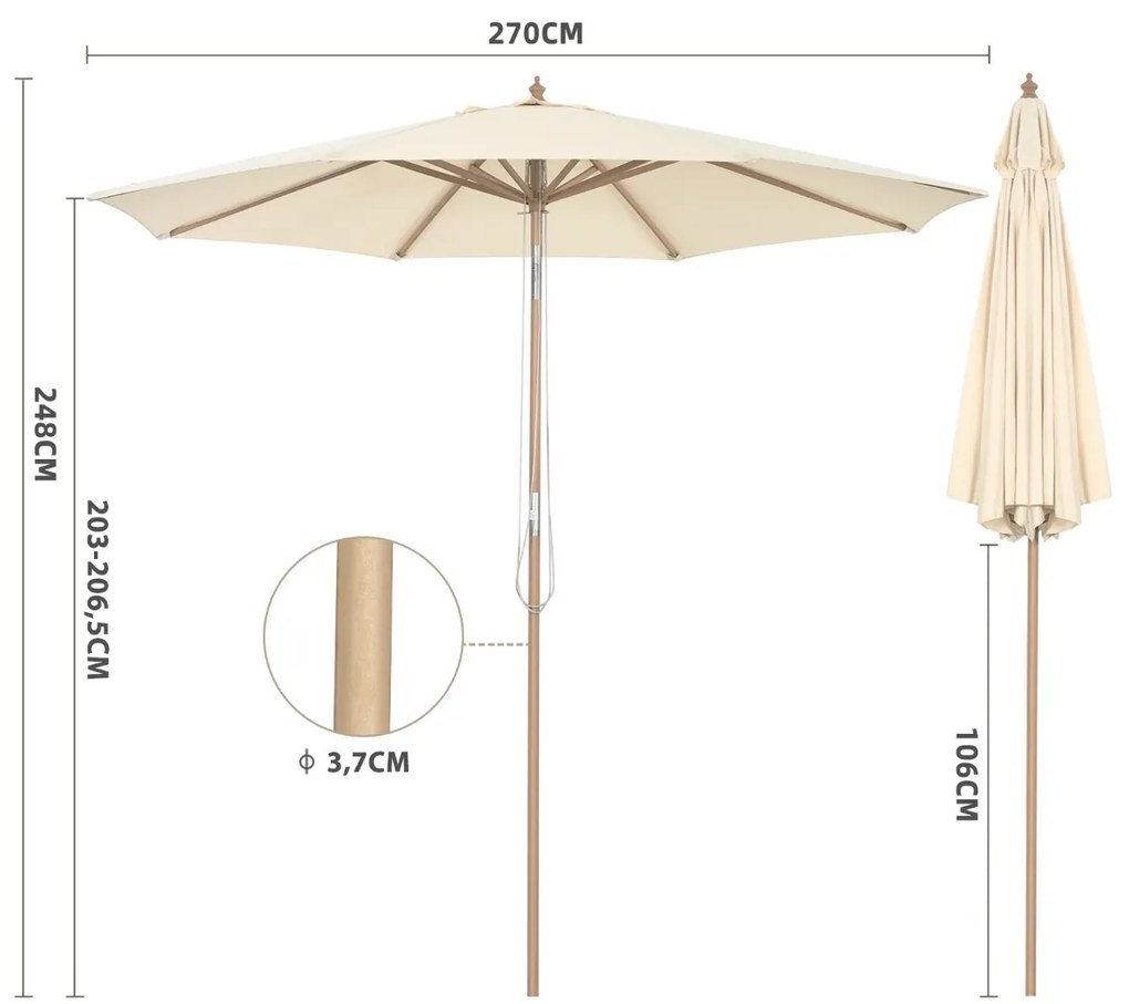 Guarda-sol Jardim 2,7 m com altura ajustável e inclinação de 60° 8 varas para teto de ventilação Pátio Jardim Bege