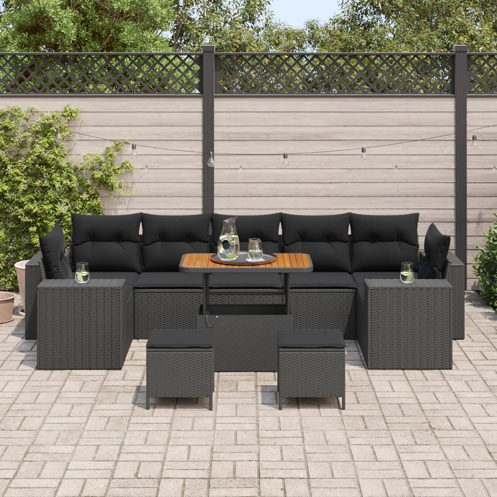 Conjunto de Sofá de Jardim vidaXL com Almofadas Preto Rattan Poliéster