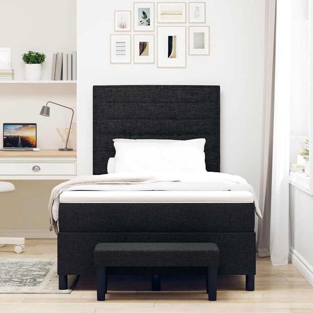 Cama com Box Spring com Colchão e Banco Preto 120x190 cm Tecido
