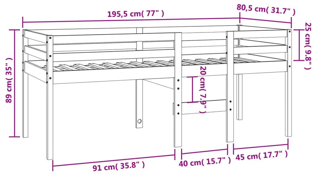 Cama alta 75x190 cm madeira de pinho maciça castanho cera