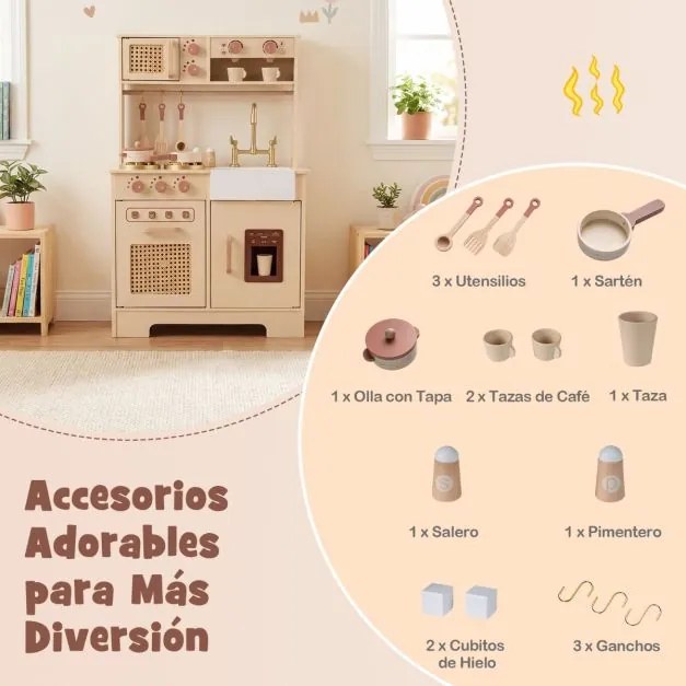 Cozinha de brincar em madeira 60 x 30 x 91 cm para crianças com luzes, sons, fogão, máquina de gelo, cafeteira, lava-loiça e portas em rattan – a part