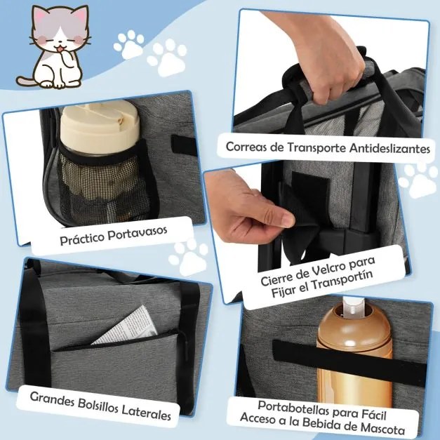 Carrinho dobrável para animais de estimação com almofadas Pega telescópica Correia de transporte Cinzento