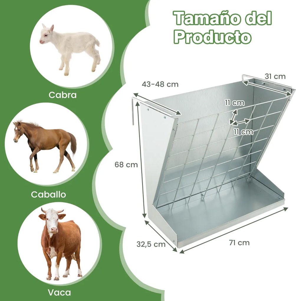 Comedouro de Feno para Animais, 71 x 32,5 x 68 cm, Com Bandeja para Cereais, Prata