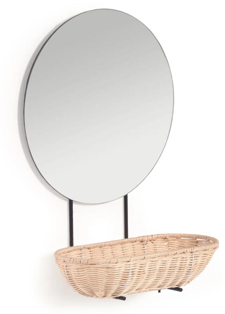 Kave Home - Espelho de parede pequeno Ebian com prateleira de rattan com acabamento natural 35 x 16 cm