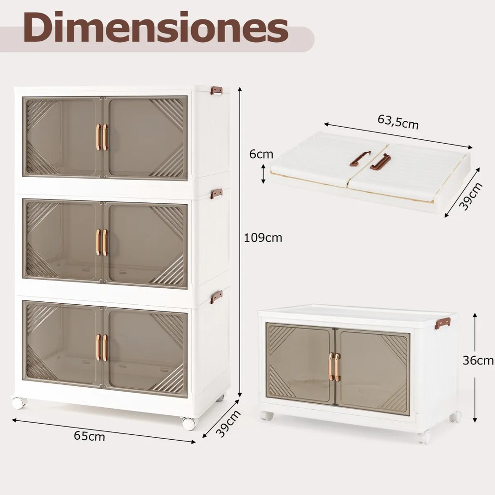 Caixas de armazenamento 213 L com tampa 3 Caixas empilháveis com rodas e portas Organizador dobrável para quarto Branco + Castanho