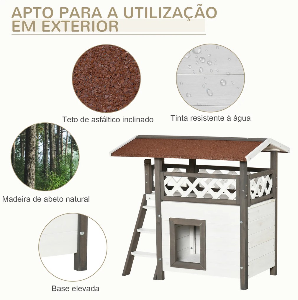 PawHut Casa para Gatos de Madeira 77x50x73cm Casa para Gatos com 2 Níveis com Teto Asfáltico Terraço Cercado Caverna e Escada para Interior e Exterior Branco e Cinza