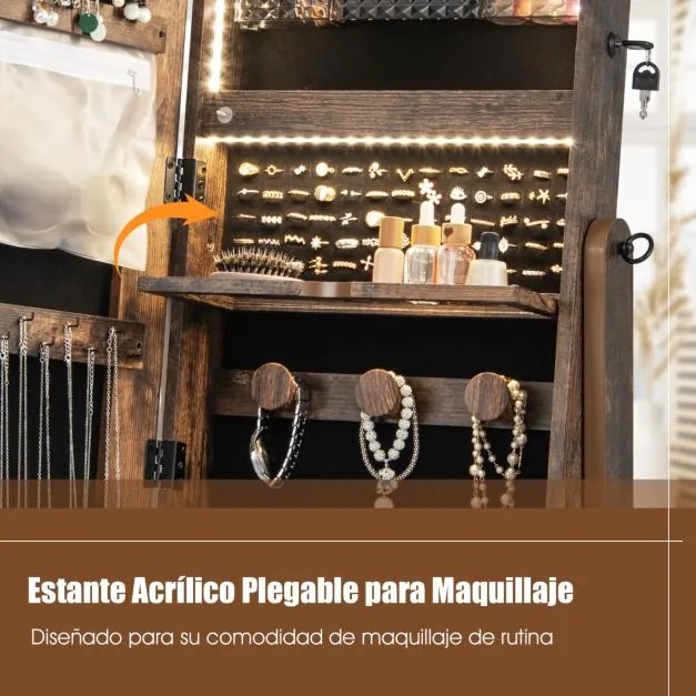 Armario joias com espelho de corpo inteiro Ângulo ajustável 3 luzes LED coloridas Estante dobrável 42 x 35 x 159 cm Castanho