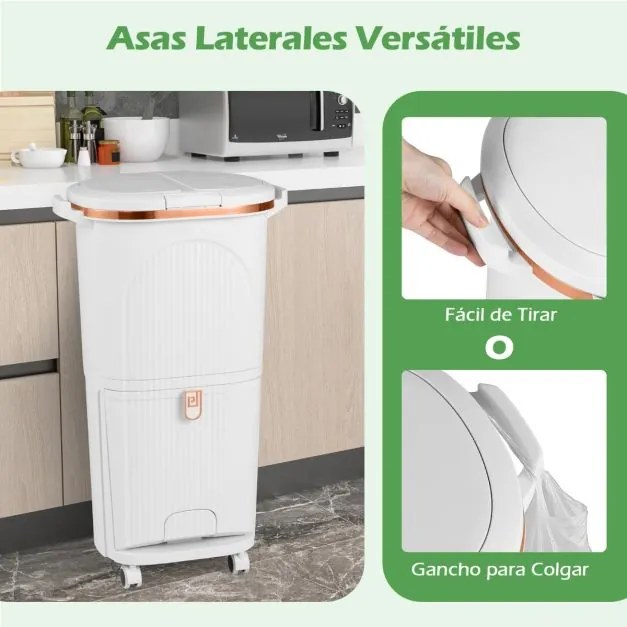 Caixote do lixo de 38 L com duas camadas, 2 caixotes removíveis, pedal e rodas para sala, cozinha e casa de banho, branco