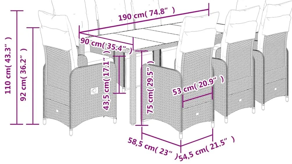 9 pcs conjunto bistrô de jardim c/ almofadões vime PE cinzento