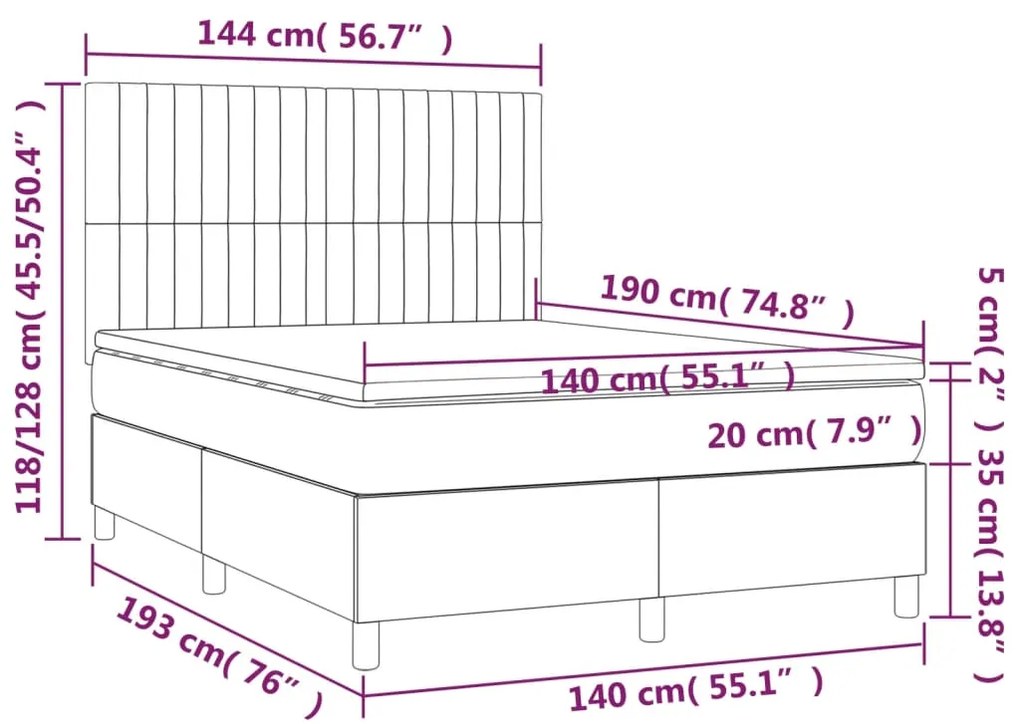 Cama box spring c/ colchão/LED 140x190cm tecido castanho-escuro