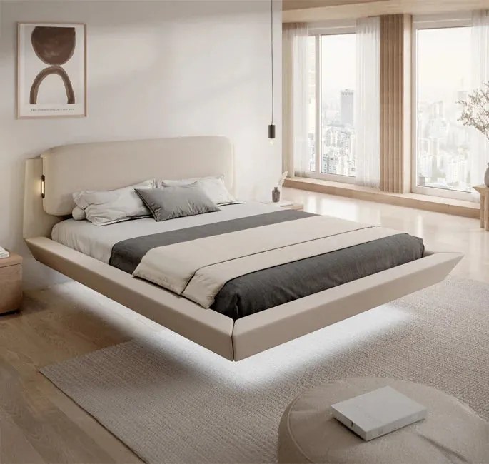 Cama de Casal Flutuante Beatrice com Colchão – 160x200 cm – Bege – LED