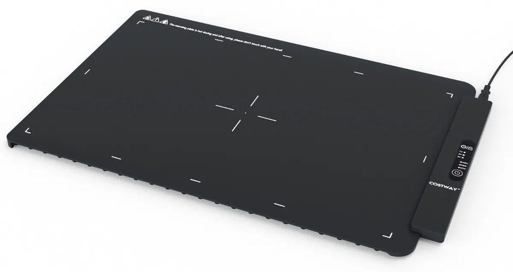 Bandeja de aquecimento elétrico de vidro temperado de 53 x 40 cm para alimentos com temperatura ajustável e alças anti-queimaduras