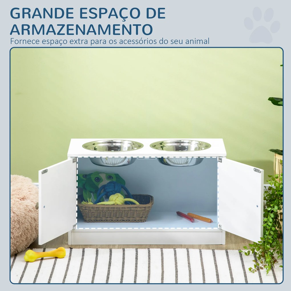Comedouro Elevado para Cães Grandes com 2 Tigelas de 2000ml de Aço Inoxidável 2 Portas e Armazenamento 60x30x35,5cm Branco