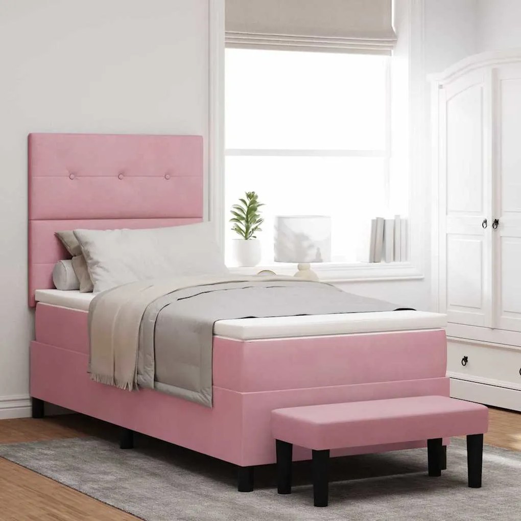 Cama Box Spring com Colchão e Banco Rosa 90x190 cm Veludo