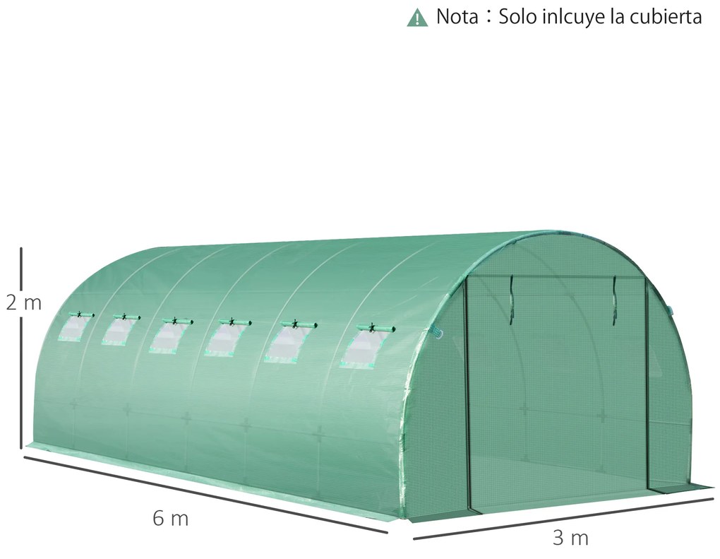 Cobertura de Estufa de Túnel 6x3x2m Cobertura de Substituição de Estufa Polietileno com 12 Janelas e Portas Enroláveis Proteção de Plantas para Jardim