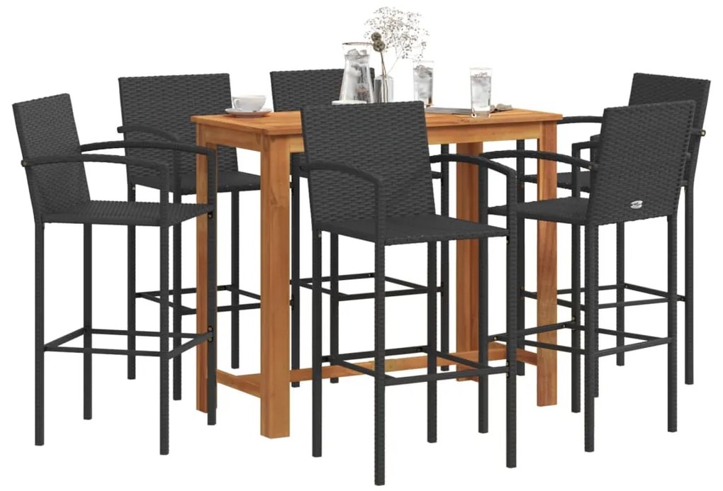 vidaXL 7 pcs conjunto de bar para jardim vime PE/acácia maciça preto