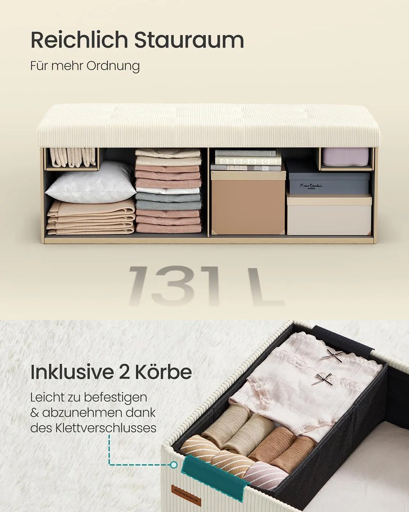 Banco dobrável com espaço de arrumação e design rebatível 38 x 110 x 38 cm Creme