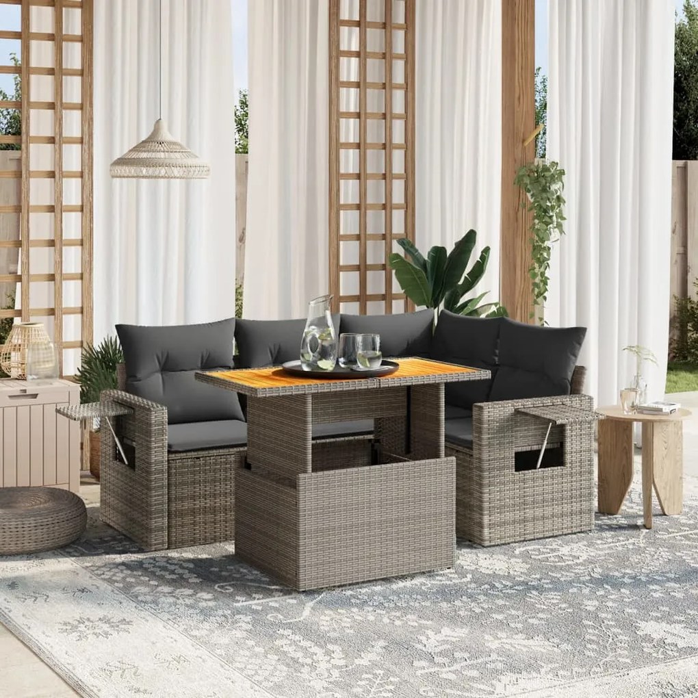 5 pcs conjunto sofás de jardim c/ almofadões vime PE cinzento