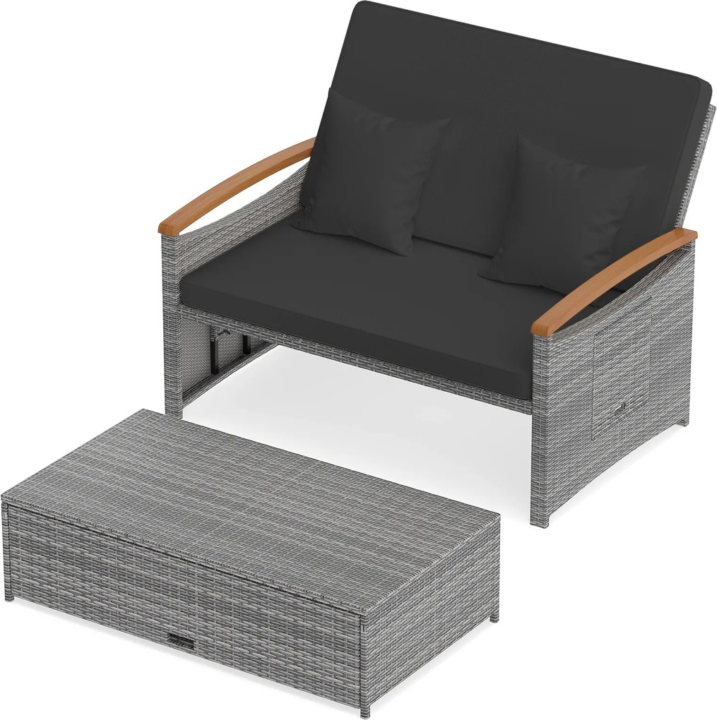 Conjunto de Sofá-Cama de 2 Lugares e Pufe, 164 x 72-111 x 54,5-88 cm, Encosto Ajustável em 4 Níveis, Cinzento + Preto
