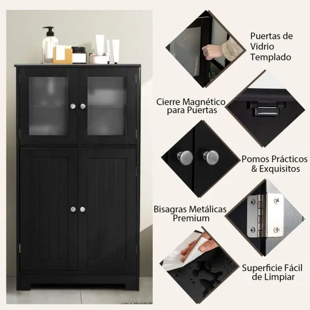 Armário arrrumação 58 x 30 x 109 cm, com prateleiras ajustáveis, 4 portas e vidro temperado, estilo moderno, preto