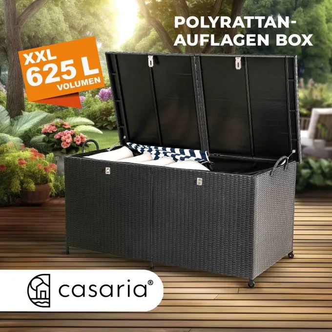 Caixa de exterior para almofadas 625 L em Polyrattan 151x77x73cm com Rodas Preto