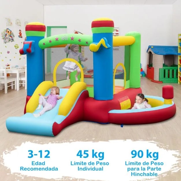 Castelo insuflável para crianças com tema musical com escorrega (SEM COMPRESSOR) Área de salto Cesto de basquetebol Piscina de bolas Área de boxe de j
