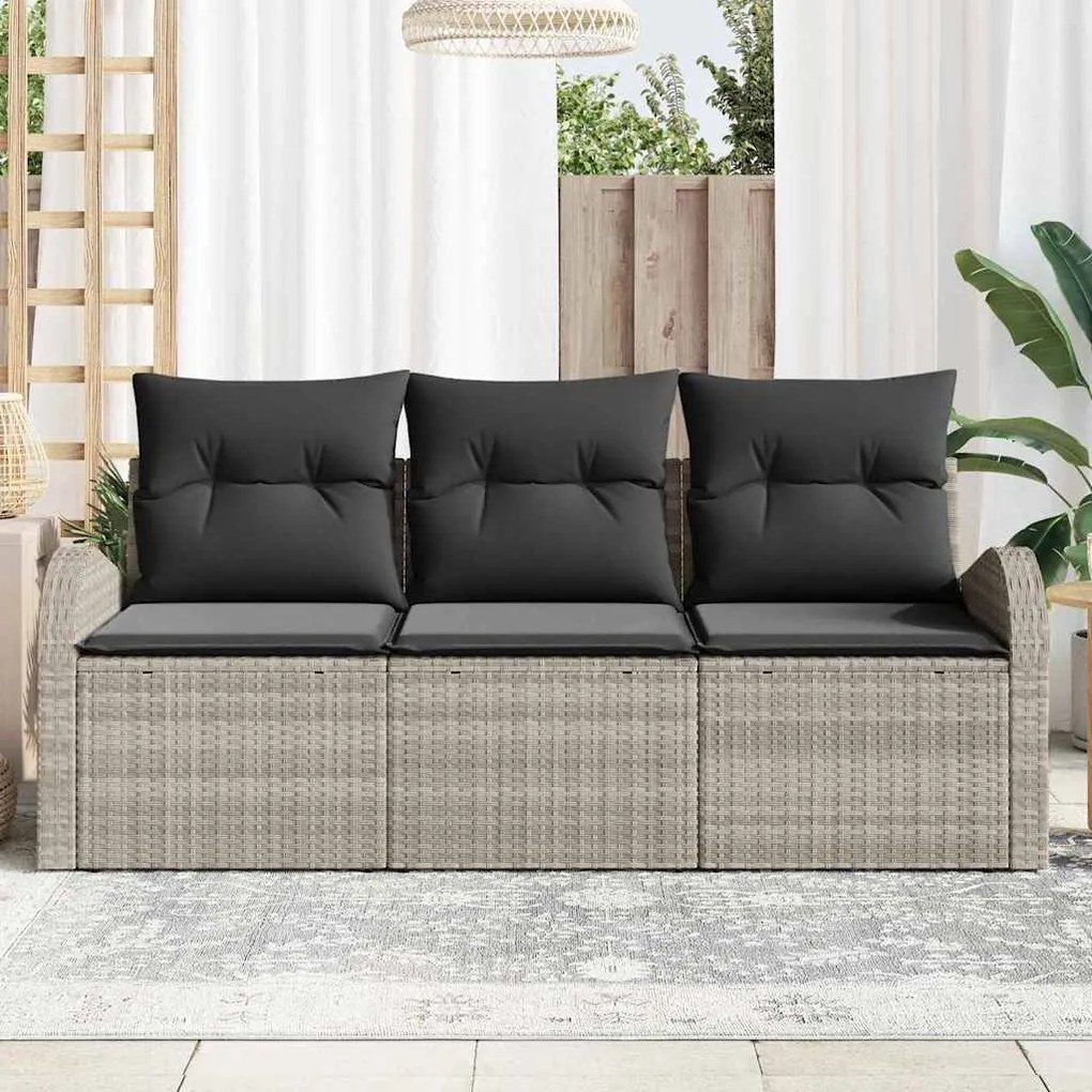Conjunto de Sofá de Jardim 3 Peças com Almofadas Cinza Claro em Rattan