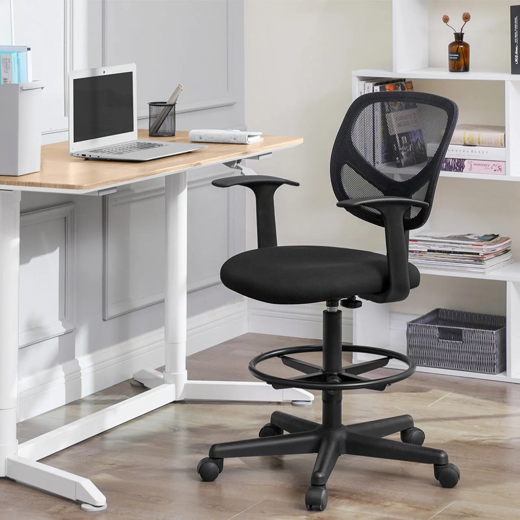 Conjunto de 2 Cadeira de escritório ergonómicas com braços, altura do assento 55-75 cm  giratória alta com anel para os pés ajustável, capacidade de c