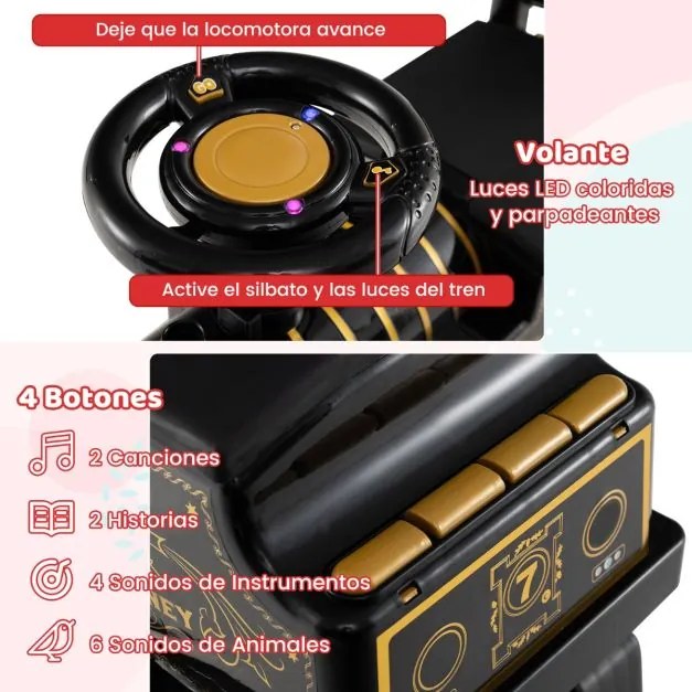 Comboio elétrico para crianças com vagão Bateria 6V Apito Música Luzes LED para 18+ meses Vermelho+Preto