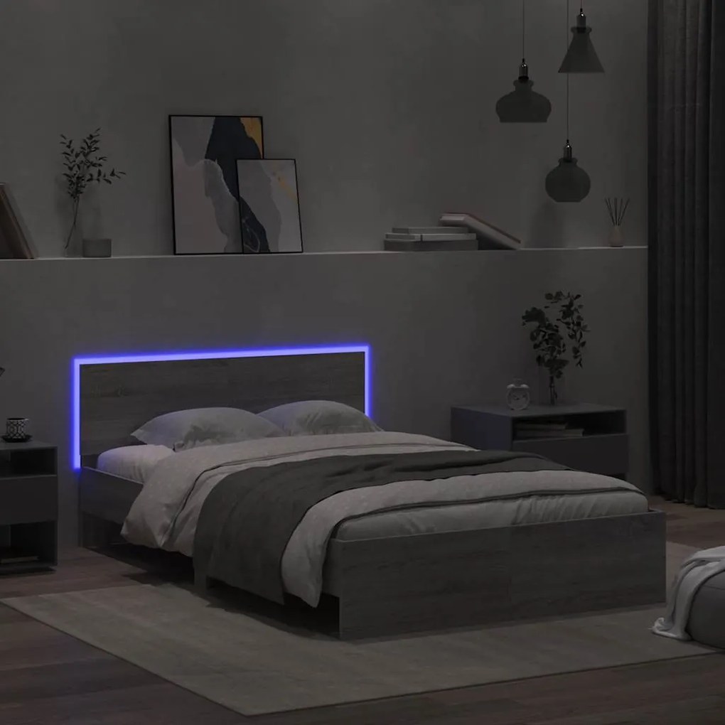 Estrutura cama c/ cabeceira/luzes LED 140x200cm cinzento sonoma