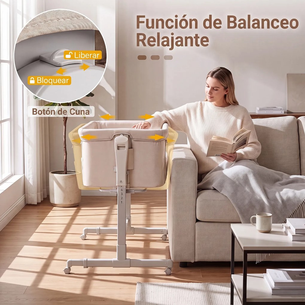 Berço para Bebés 3 em 1, 102 x 66,5 x 89 cm, Altura Regulável em 6 Níveis, Bege