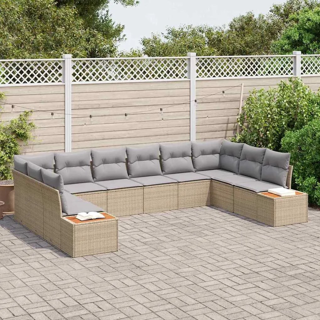 Conjunto de Sofás de Jardim de 10 Peças com Almofadas Bege Rattan Acác