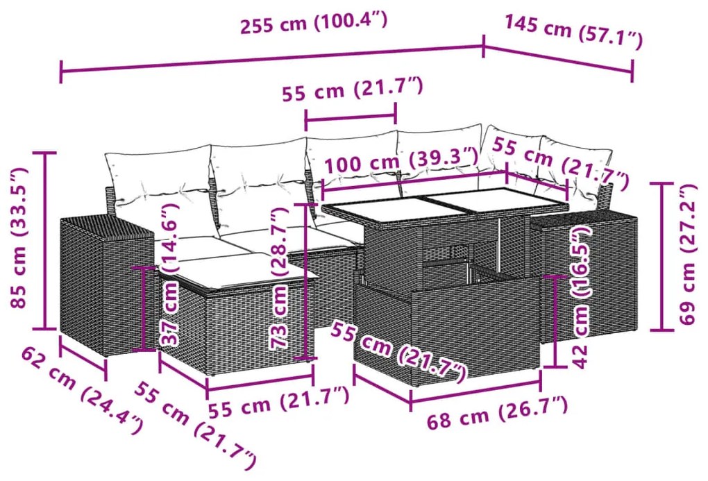 7 pcs conj. sofás jardim com almofadões vime PE cinzento-claro