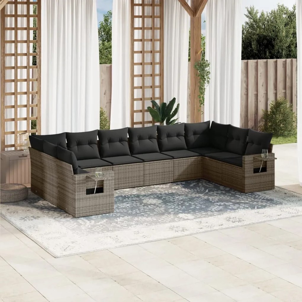 10 pcs conjunto sofás de jardim c/ almofadões vime PE cinzento