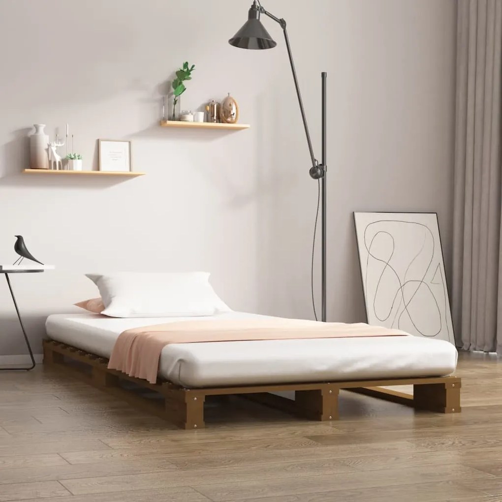 vidaXL Cama de paletes solteiro 90x190 cm pinho maciço castanho mel