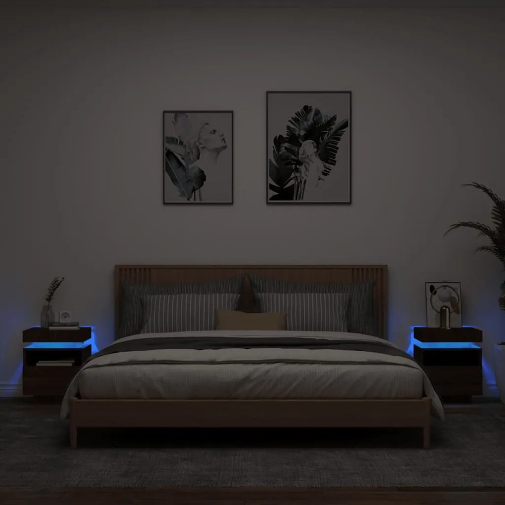 vidaXL Mesas cabeceira c/ luzes LED 2pc 40x39x48,5cm carvalho castanho
