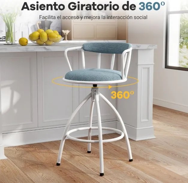 Conjunto de 2 bancos de bar giratórios estofados com encosto e apoio para os pés, estrutura metálica, para cozinha, bar, casa ou sala de jantar, azul
