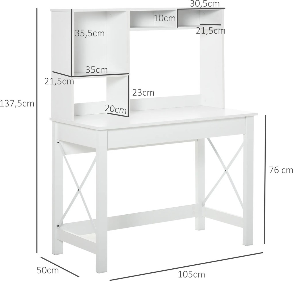 Secretária com arrumação 105 x 50 x 137,5 cm, moderna em madeira com prateleiras e tampo amplo, ideal para espaços reduzidos, casa, quarto, branca