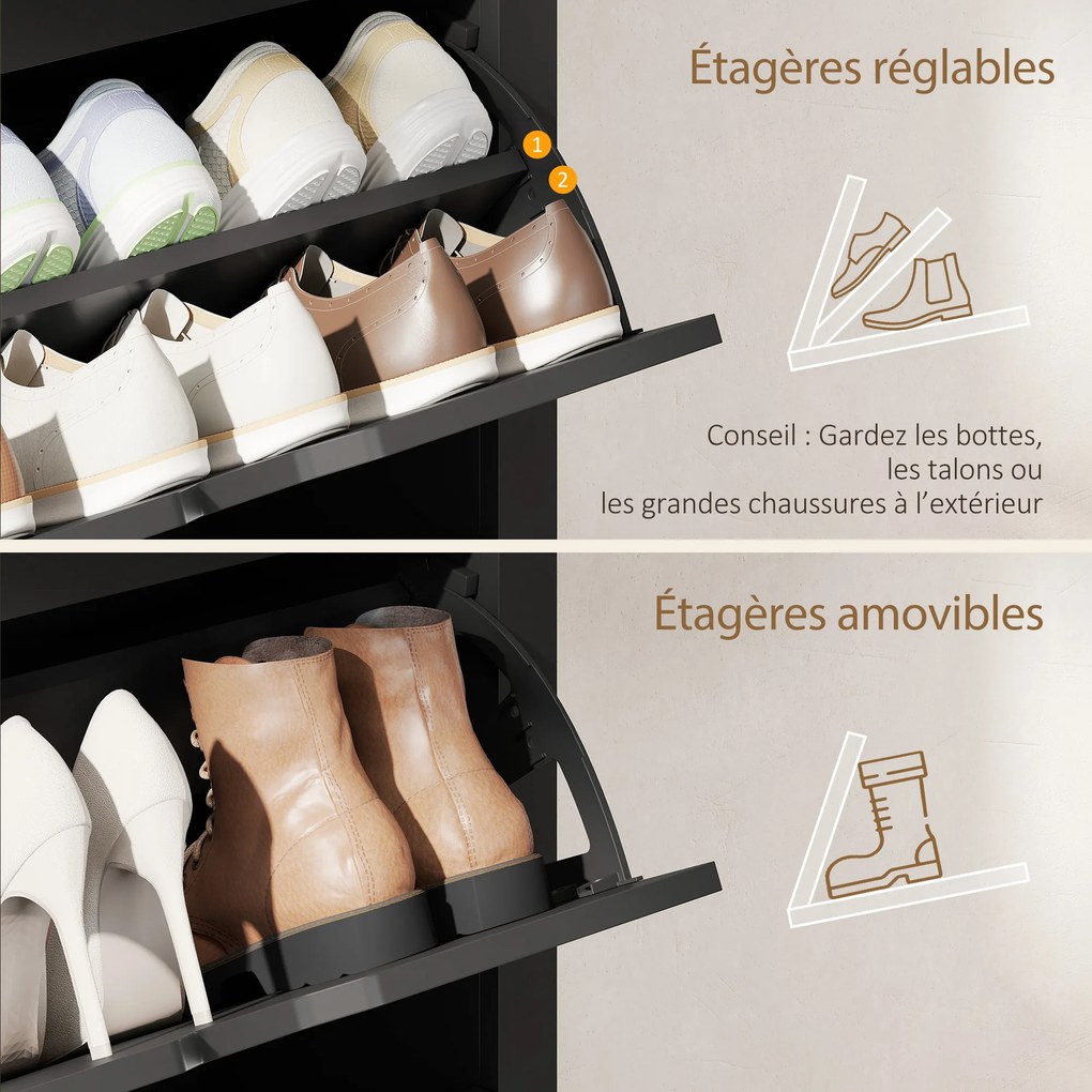 Sapateira com 3 portas 72 (L) x 26 (P) x 112 (A) cm basculantes e 2 compartimentos, em aglomerado de partículas, em cor de carvalho e preto