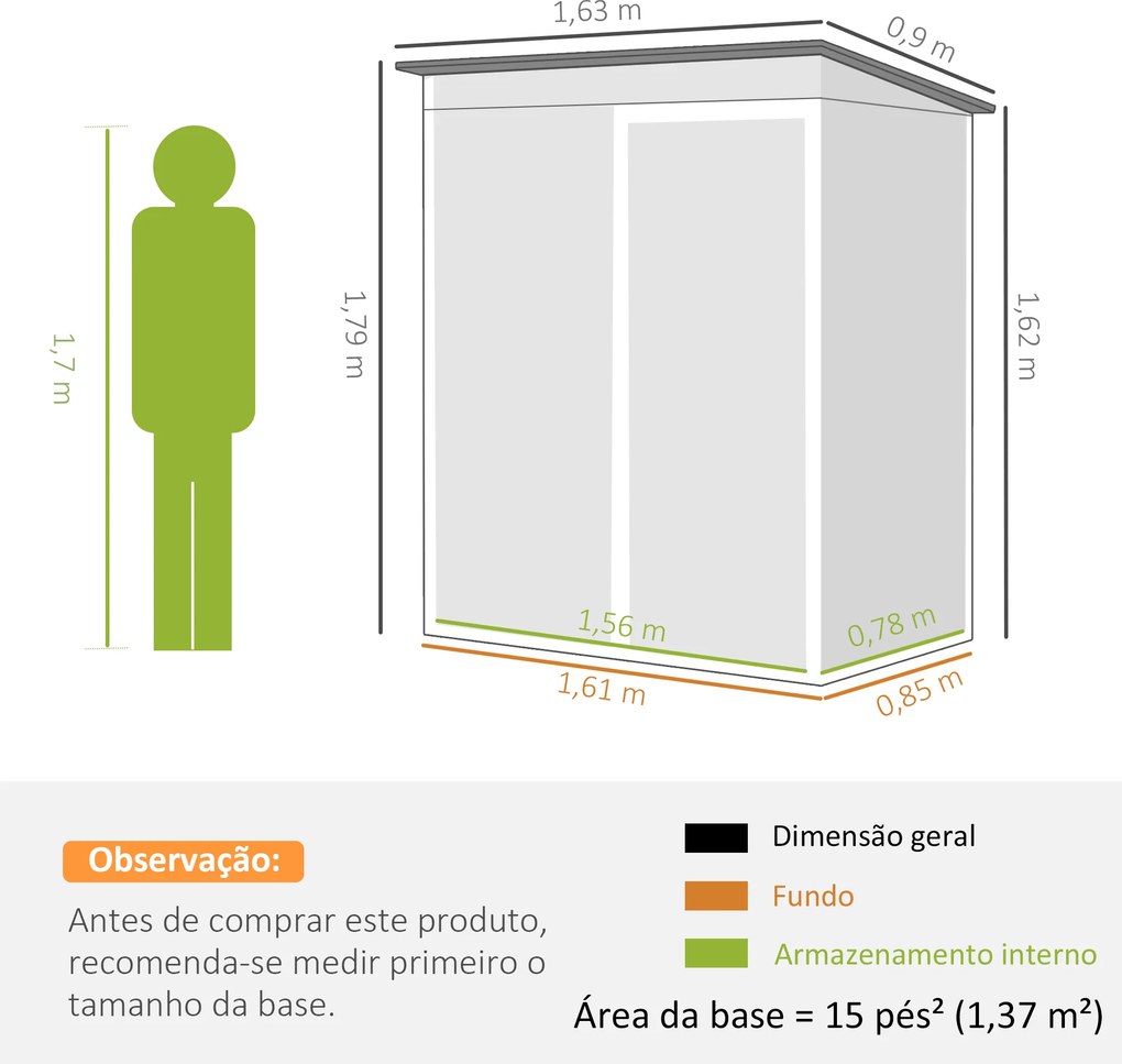 Abrigo de Jardim Exterior 1,37 m² 163x90x179 cm com Porta com Fechadura e Grelhas de Ventilação Verde