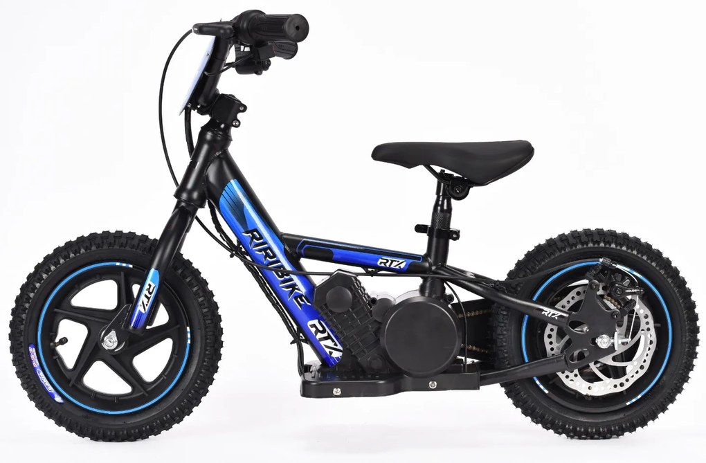 Bicicleta eléctrica para crianças RIRIBIKE RTX3 24V (12"), bateria de lítio, motor de 100W, travão de disco, assento ajustável em PU macio Azul