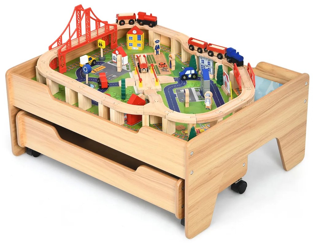 Conjunto de Mesa de Pista de Madeira para Crianças 100 Peças Mesa de Actividades e Gaveta com Rodas com Fecho Fácil de Montar Multicolorida