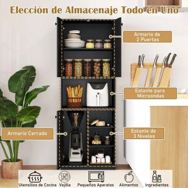 Armário de Cozinha para despensa 166 cm de altura e suporte para micro-ondas com portas e prateleiras Preto