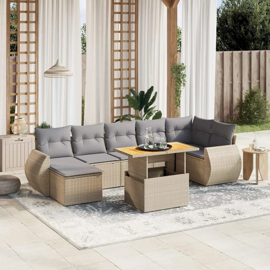 8 pcs conjunto de sofás p/ jardim com almofadões vime PE bege