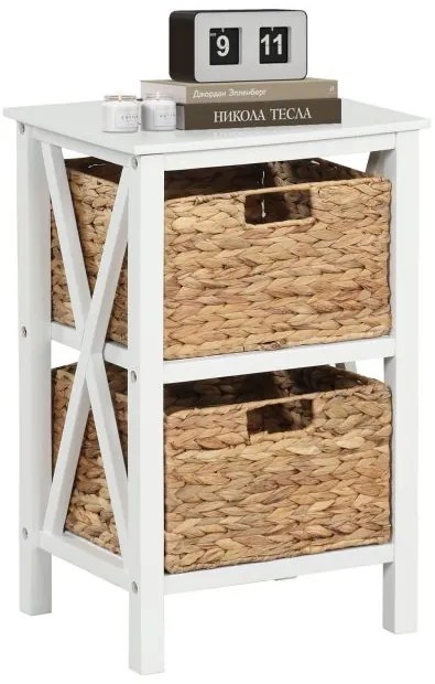 Mesa de cabeceira de 3 níveis com 2 cestos de junco marinho e mesa lateral estreita X-Design 36 x 30 x 57 cm branca