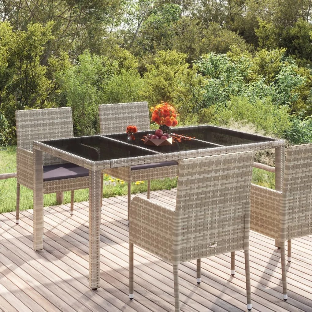 319900 vidaXL Mesa de jardim com tampo de vidro 150x90x75 cm vime PE cinzento