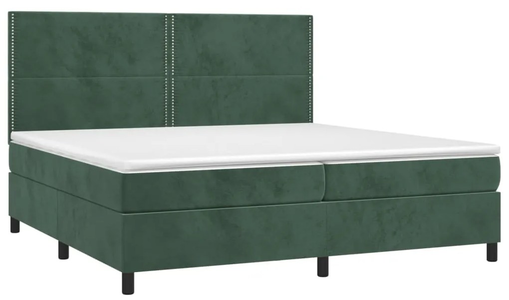 Cama box spring c/ colchão/LED 200x200 cm veludo verde-escuro